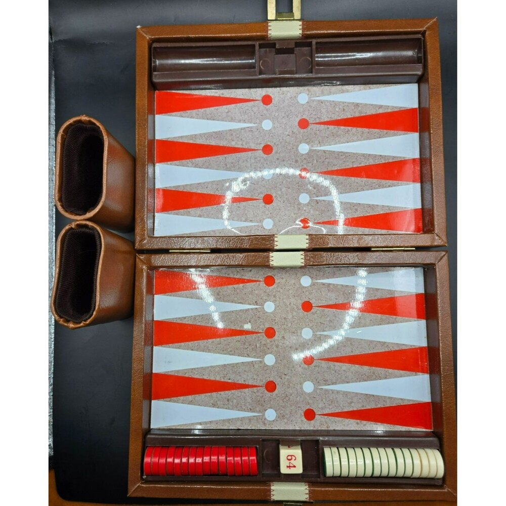 Vintage Folding Backgammon Set - Brown Faux Leather Case with Red & Cream Felt-B